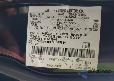 2007 Ford Explorer Xlt from USA, damaged, VIN 1FMEU73E67UB85924